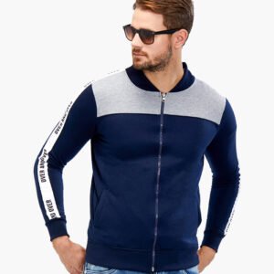 Men Hooded Navy Blue & Grey T-Shirt